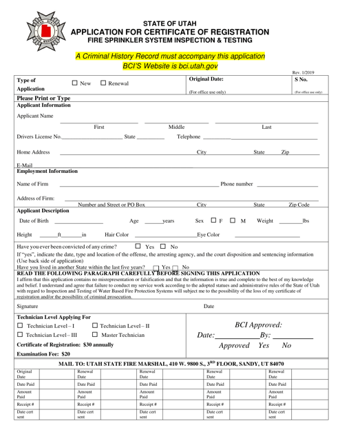 Application for Certificate of Registration Fire Sprinkler System Inspection & Testing - Utah