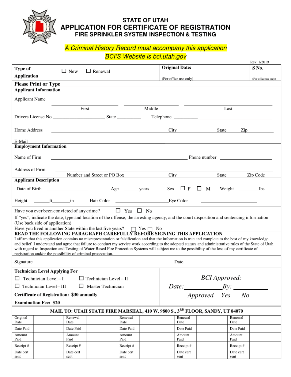 Application for Certificate of Registration Fire Sprinkler System Inspection  Testing - Utah, Page 1