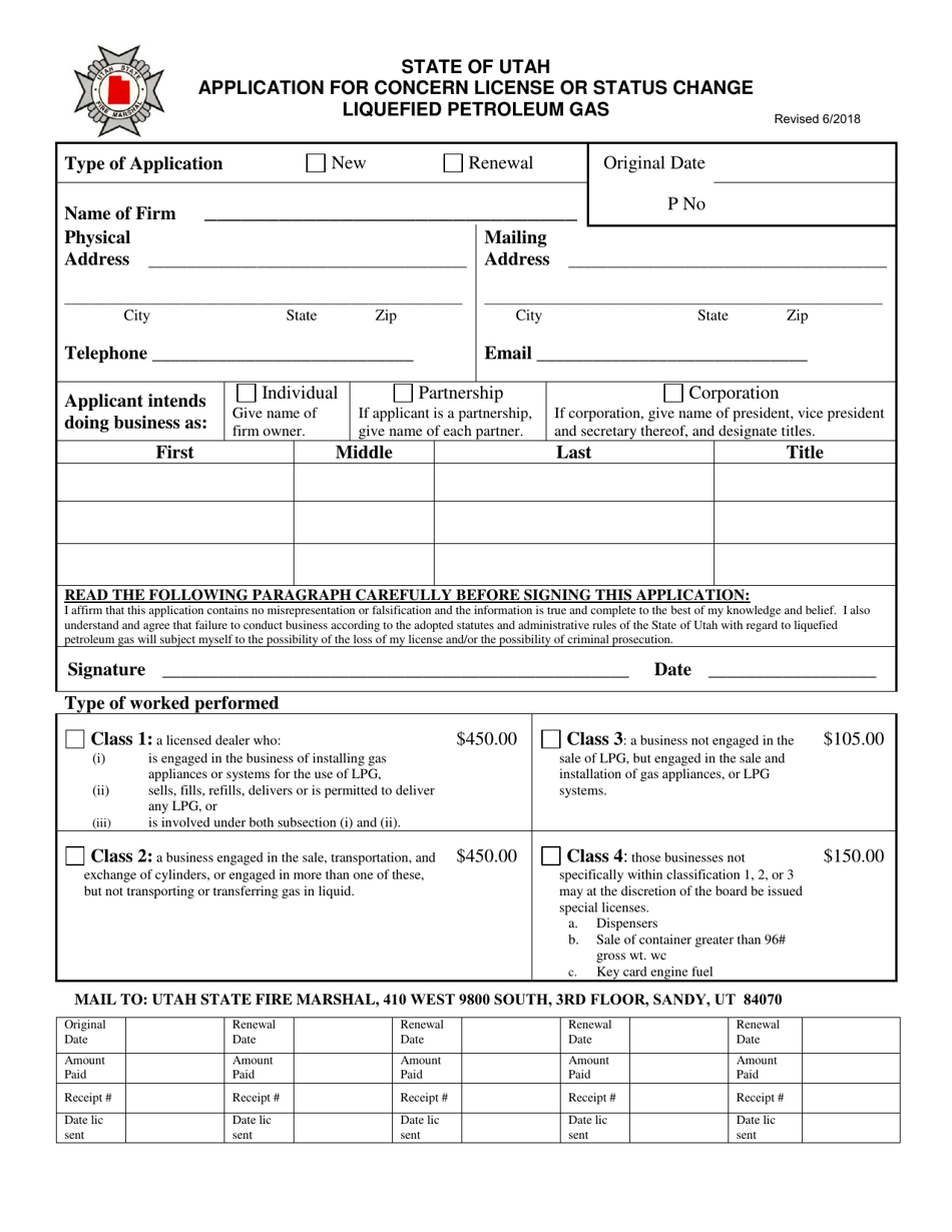 Application for Concern License or Status Change Liquefied Petroleum Gas - Utah, Page 1