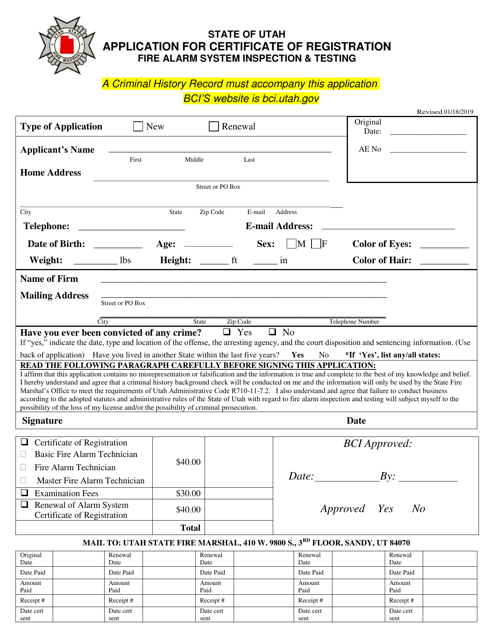 Application for Certificate of Registration Fire Alarm System Inspection & Testing - Utah