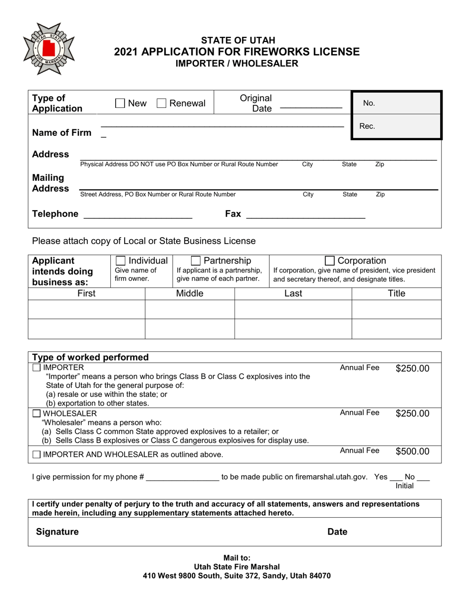 Application for Fireworks License Importer / Wholesaler - Utah, Page 1