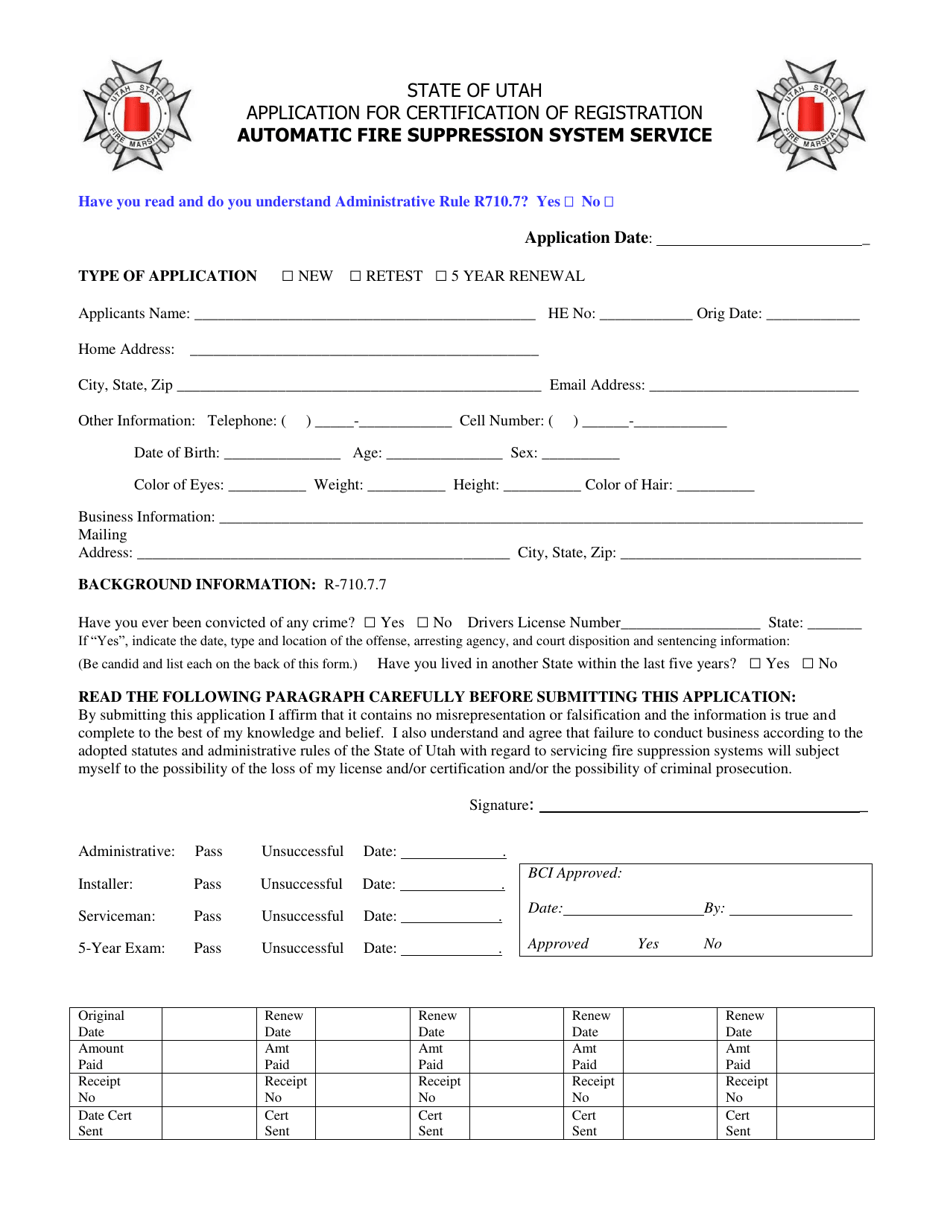 Application for Certification of Registration Automatic Fire Suppression System Service - Utah, Page 1