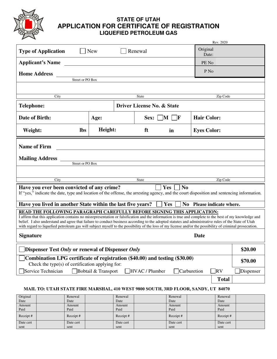 Application for Certificate of Registration Liquefied Petroleum Gas - Utah, Page 1