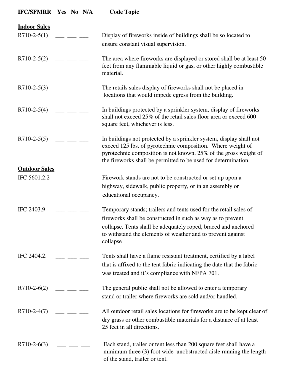Firework Stands, Mercantile Sale of Fireworks Field Inspection Form - Utah, Page 5