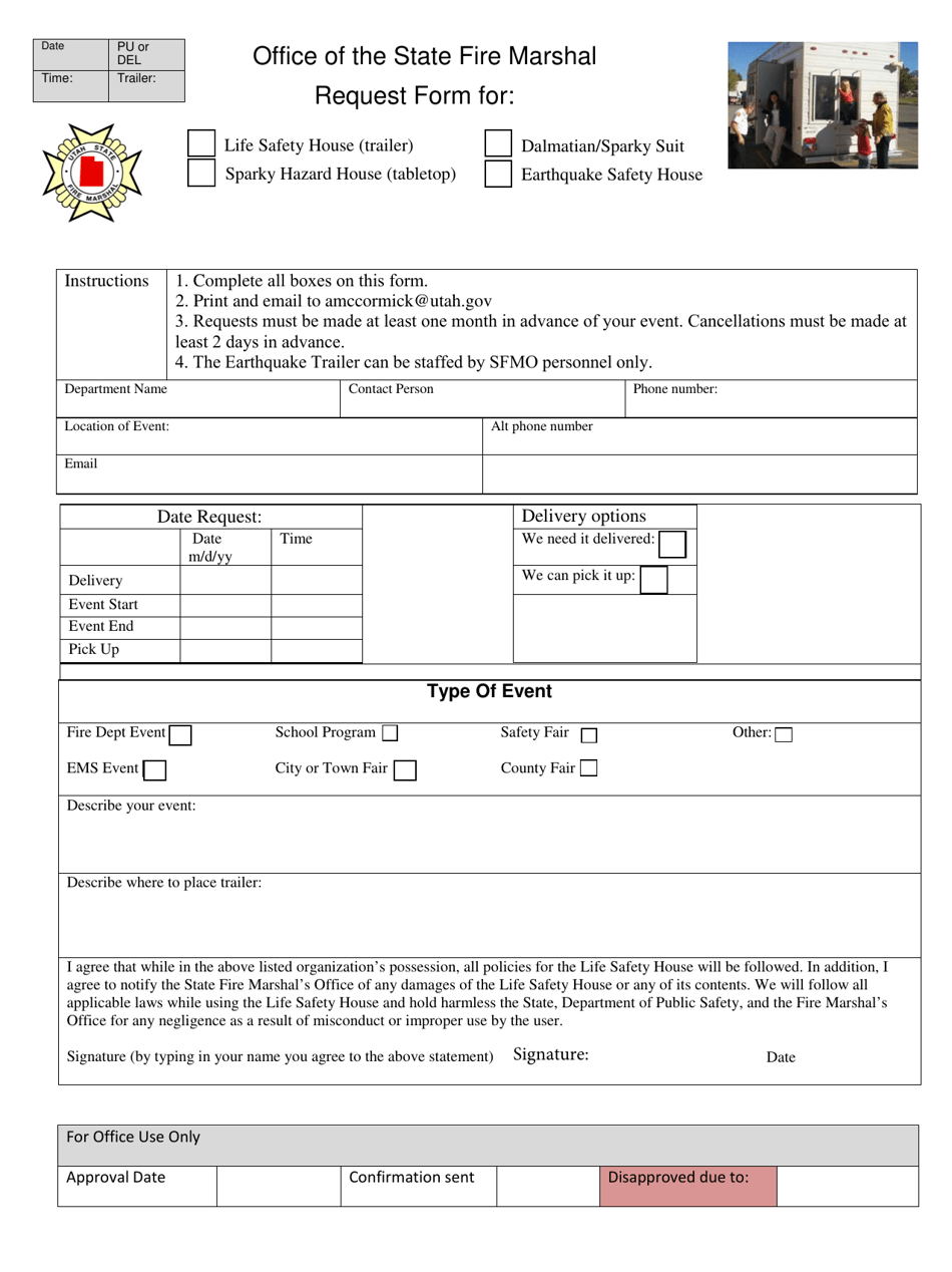 Hazard House and Life Safety House Trailer Request Form - Utah, Page 1