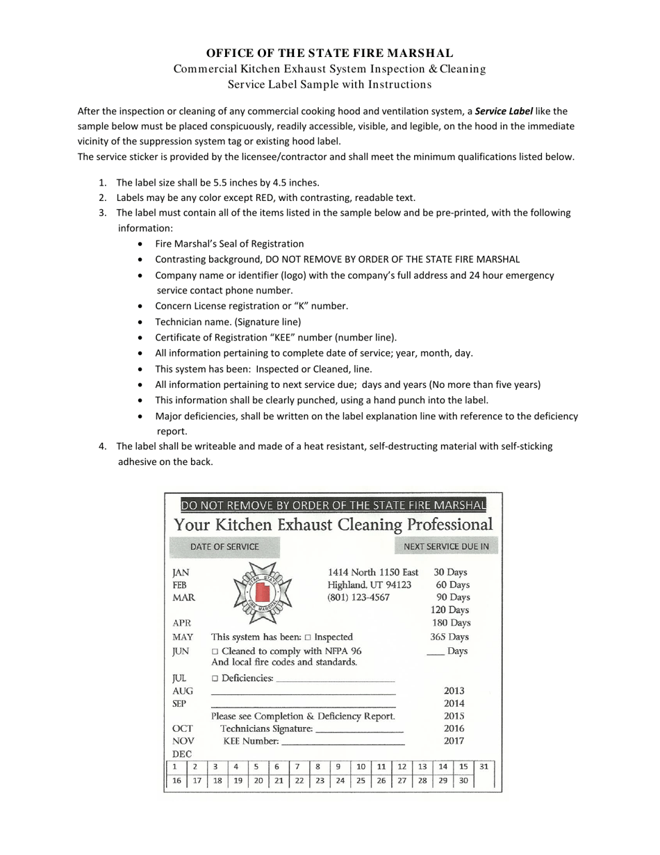 Commercial Kitchen Exhaust System Inspection  Cleaning Service Label Sample - Utah, Page 1