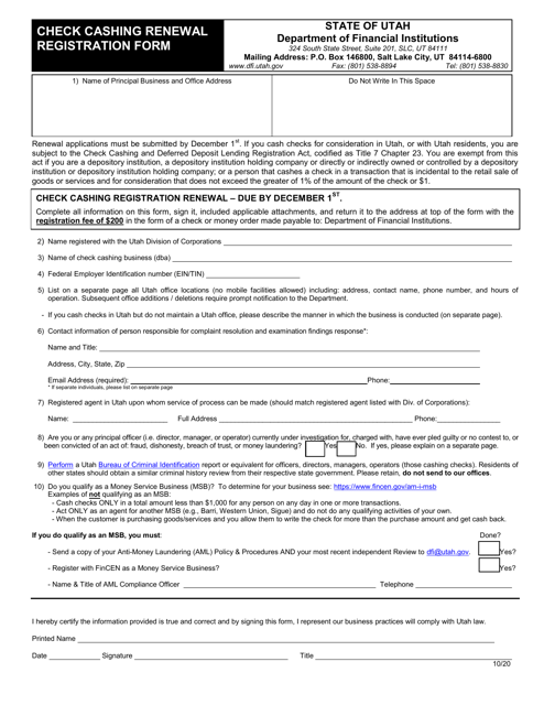 Check Cashing Renewal Registration Form - Utah Download Pdf