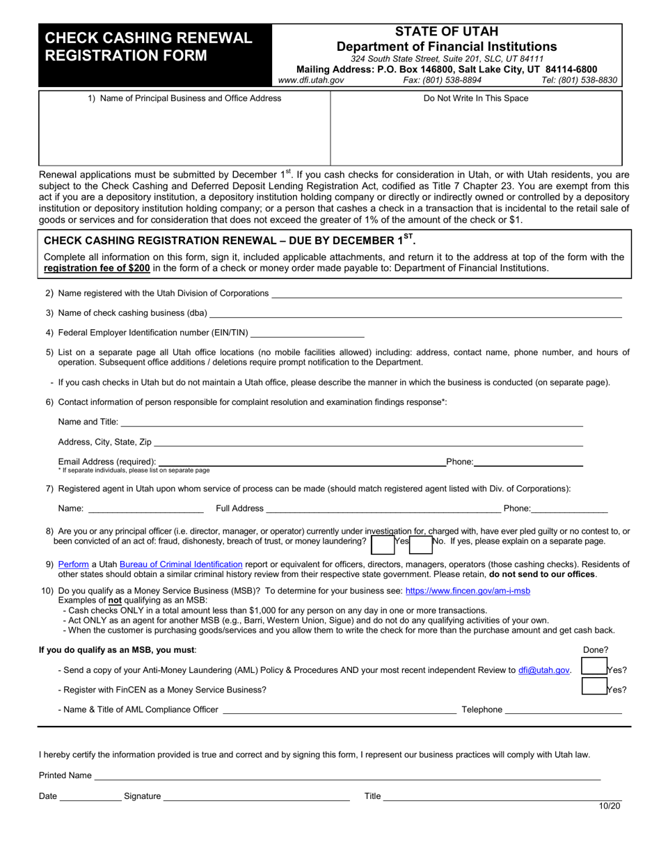 Check Cashing Renewal Registration Form - Utah, Page 1
