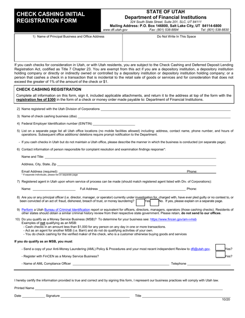 Check Cashing Initial Registration Form - Utah Download Pdf