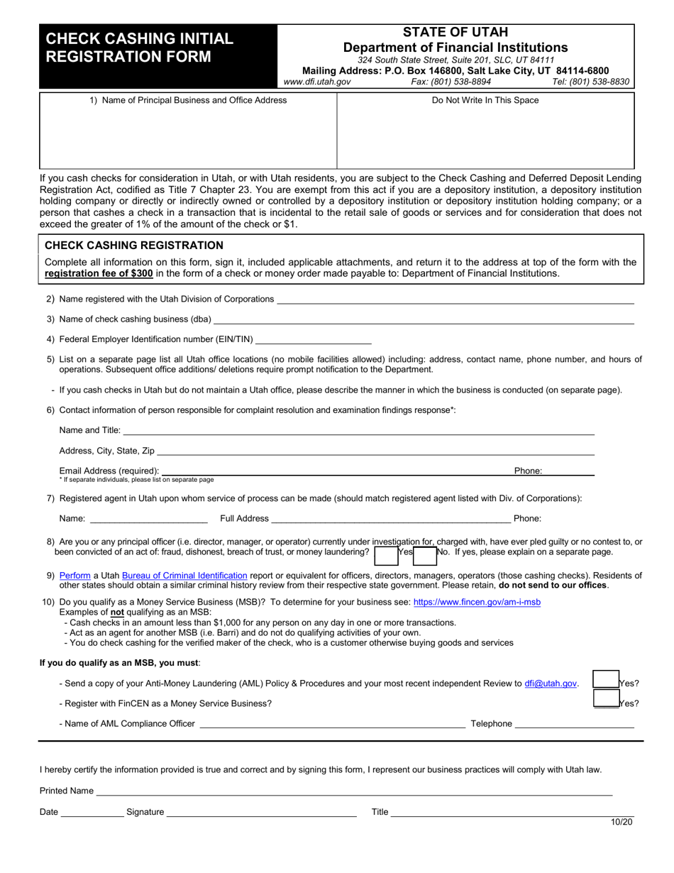 Check Cashing Initial Registration Form - Utah, Page 1