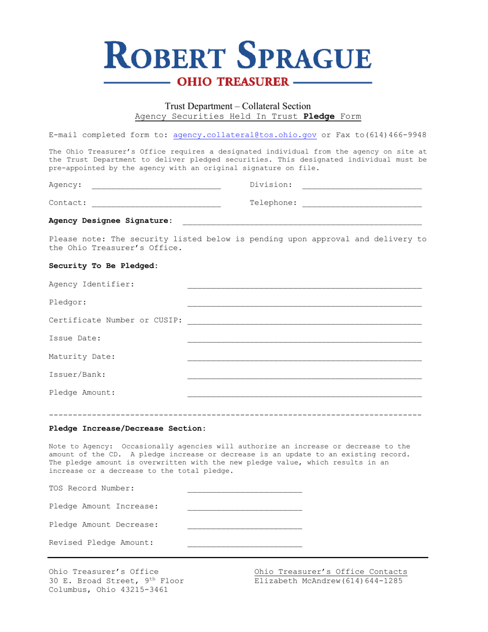 Agency Securities Held in Trust Pledge Form - Ohio, Page 1