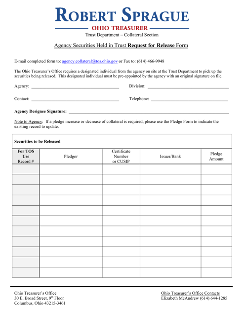 Agency Securities Held in Trust Request for Release Form - Ohio Download Pdf