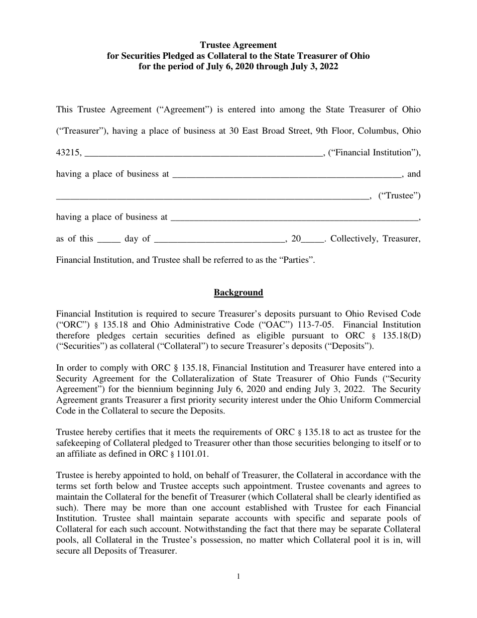 Trustee Agreement for Securities Pledged as Collateral to the State Treasurer of Ohio - Ohio, Page 1