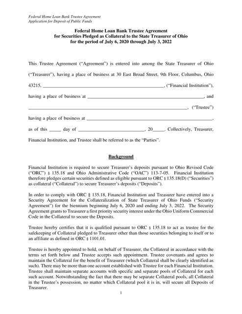 Federal Home Loan Bank Trustee Agreement for Securities Pledged as Collateral to the State Treasurer of Ohio - Ohio Download Pdf