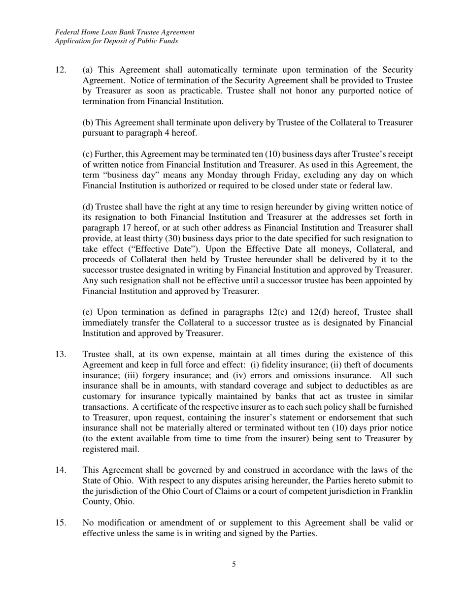 Federal Home Loan Bank Trustee Agreement for Securities Pledged as Collateral to the State Treasurer of Ohio - Ohio, Page 5