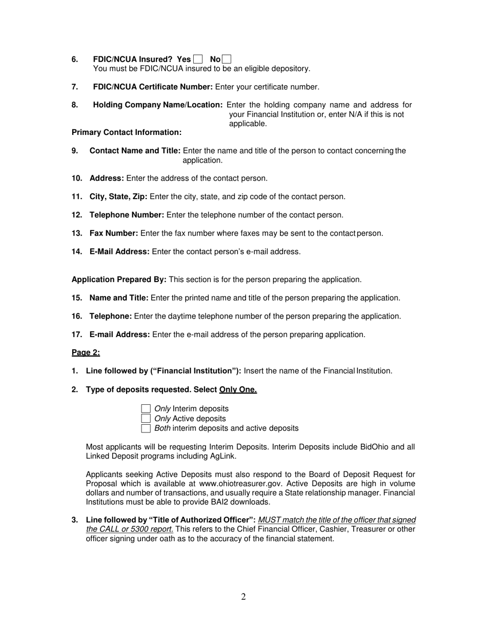 Instructions for Application and Agreement for Deposit of Public Funds - Ohio, Page 2