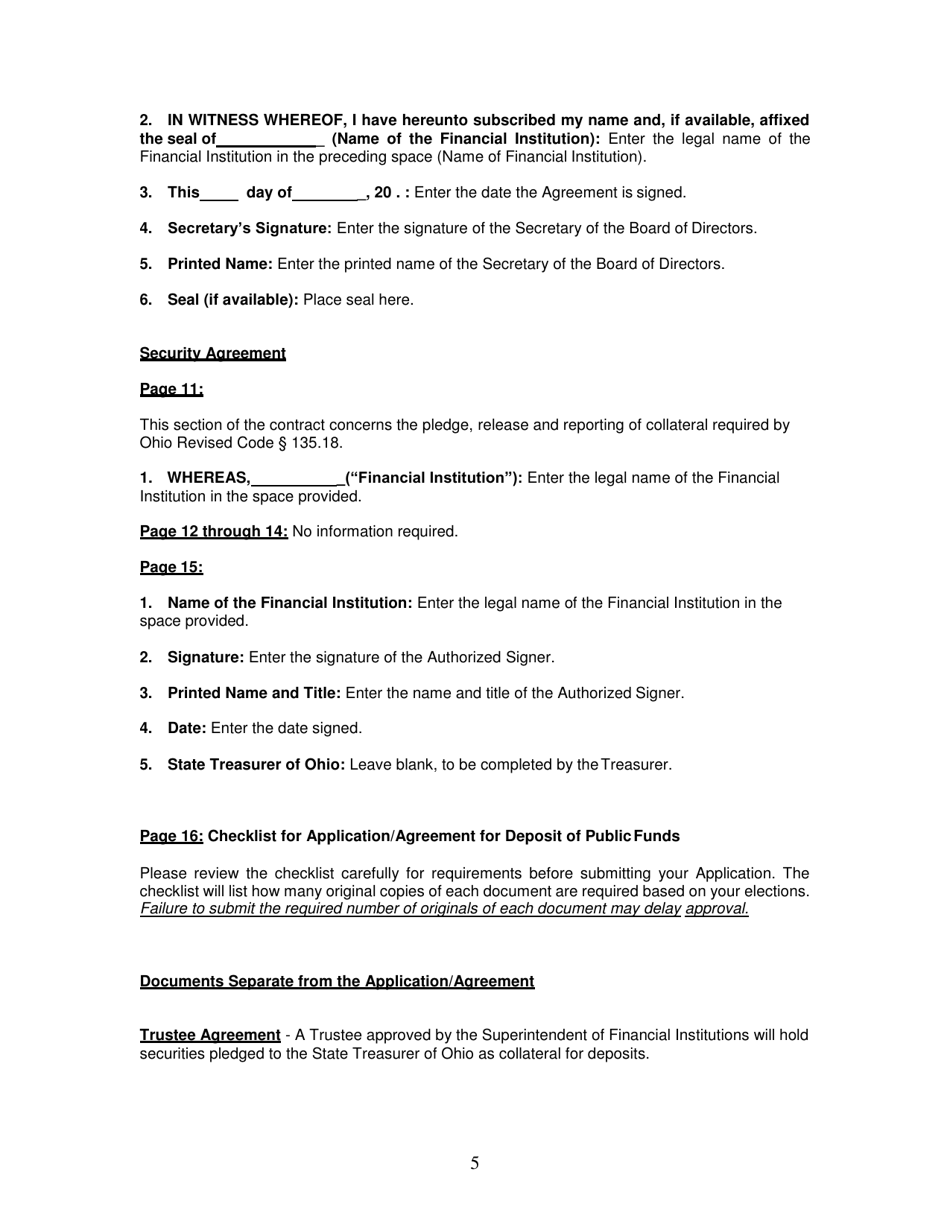 Instructions for Application and Agreement for Deposit of Public Funds - Ohio, Page 5