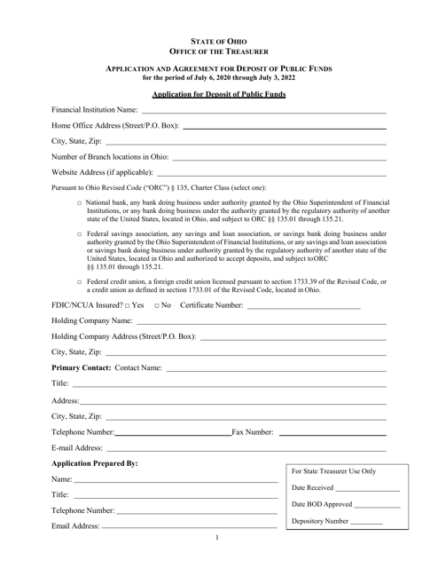 Application and Agreement for Deposit of Public Funds - Ohio Download Pdf