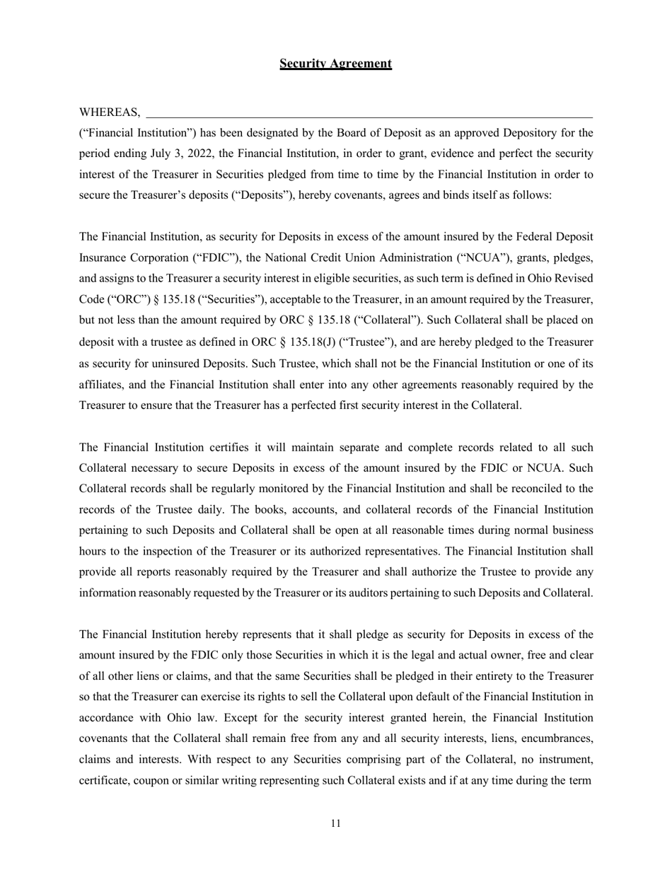 Application and Agreement for Deposit of Public Funds - Ohio, Page 11