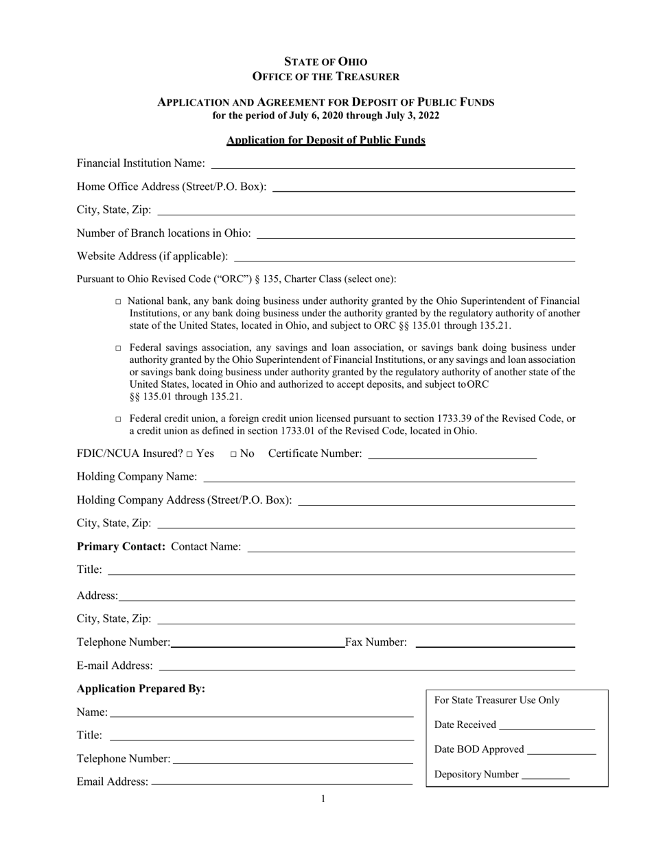 Application and Agreement for Deposit of Public Funds - Ohio, Page 1