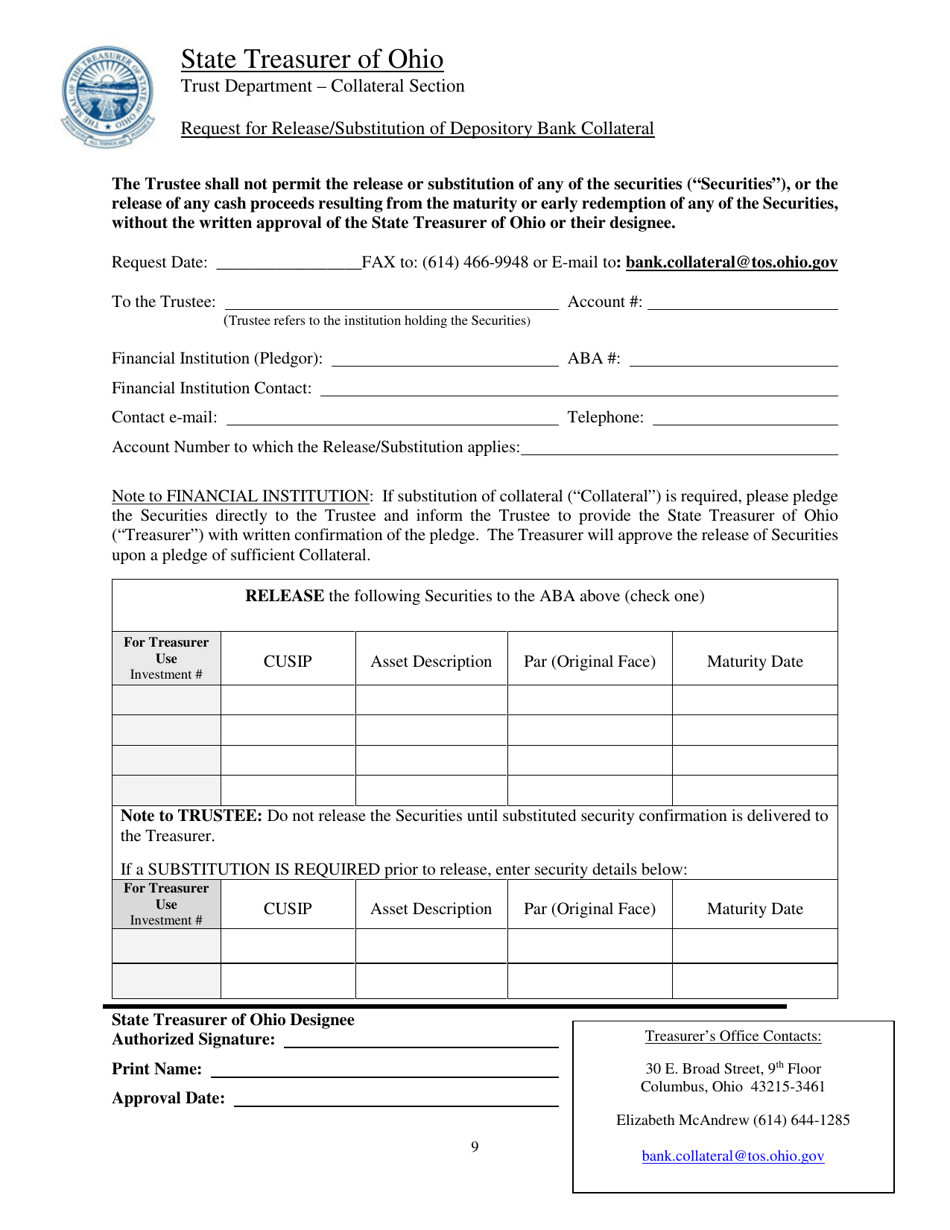 Request for Release / Substitution of Depository Bank Collateral - Ohio, Page 1
