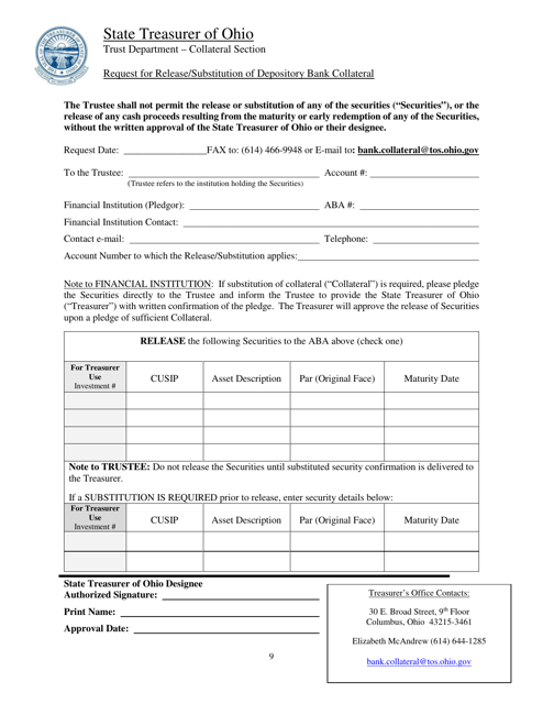 Request for Release / Substitution of Depository Bank Collateral - Ohio Download Pdf
