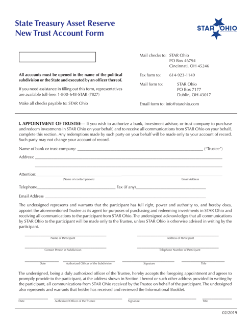 State Treasury Asset Reserve New Trust Account Form - Ohio Download Pdf