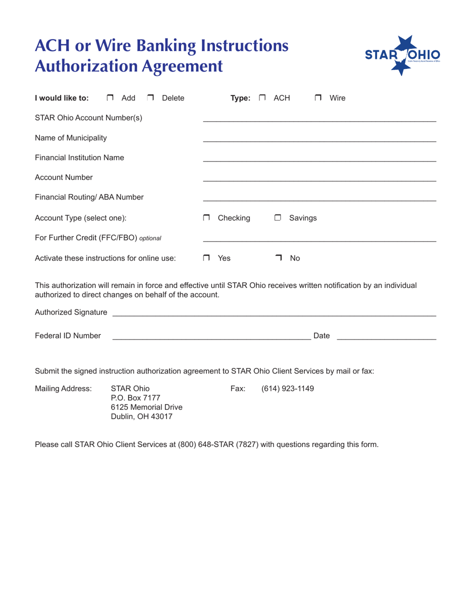 Ohio ACH or Wire Banking Instructions Authorization Agreement Fill Out, Sign Online and