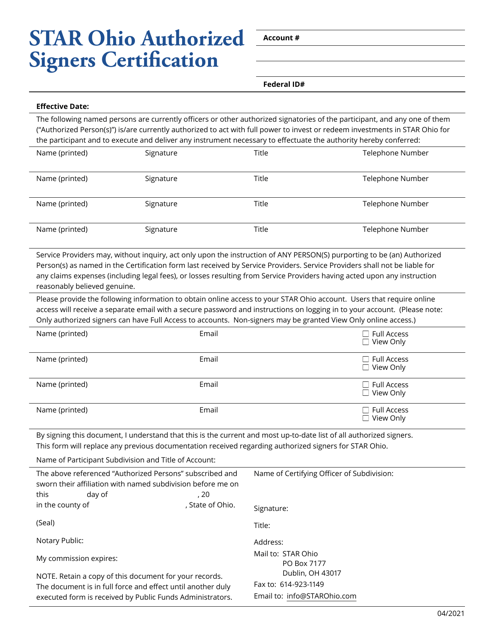 Star Ohio Authorized Signers Certification - Ohio Download Pdf