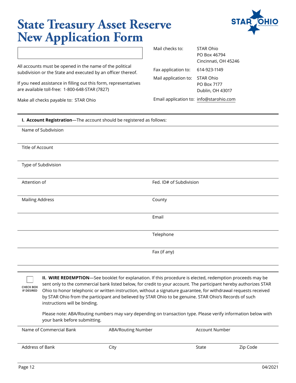 State Treasury Asset Reserve New Application Form - Ohio, Page 1