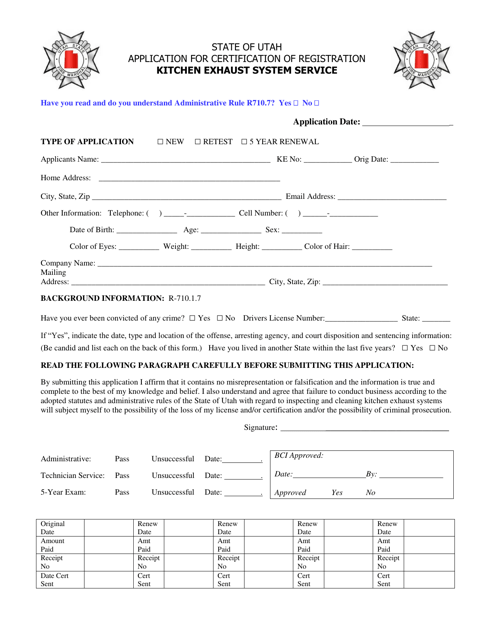 Application for Certification of Registration Kitchen Exhaust System Service - Utah