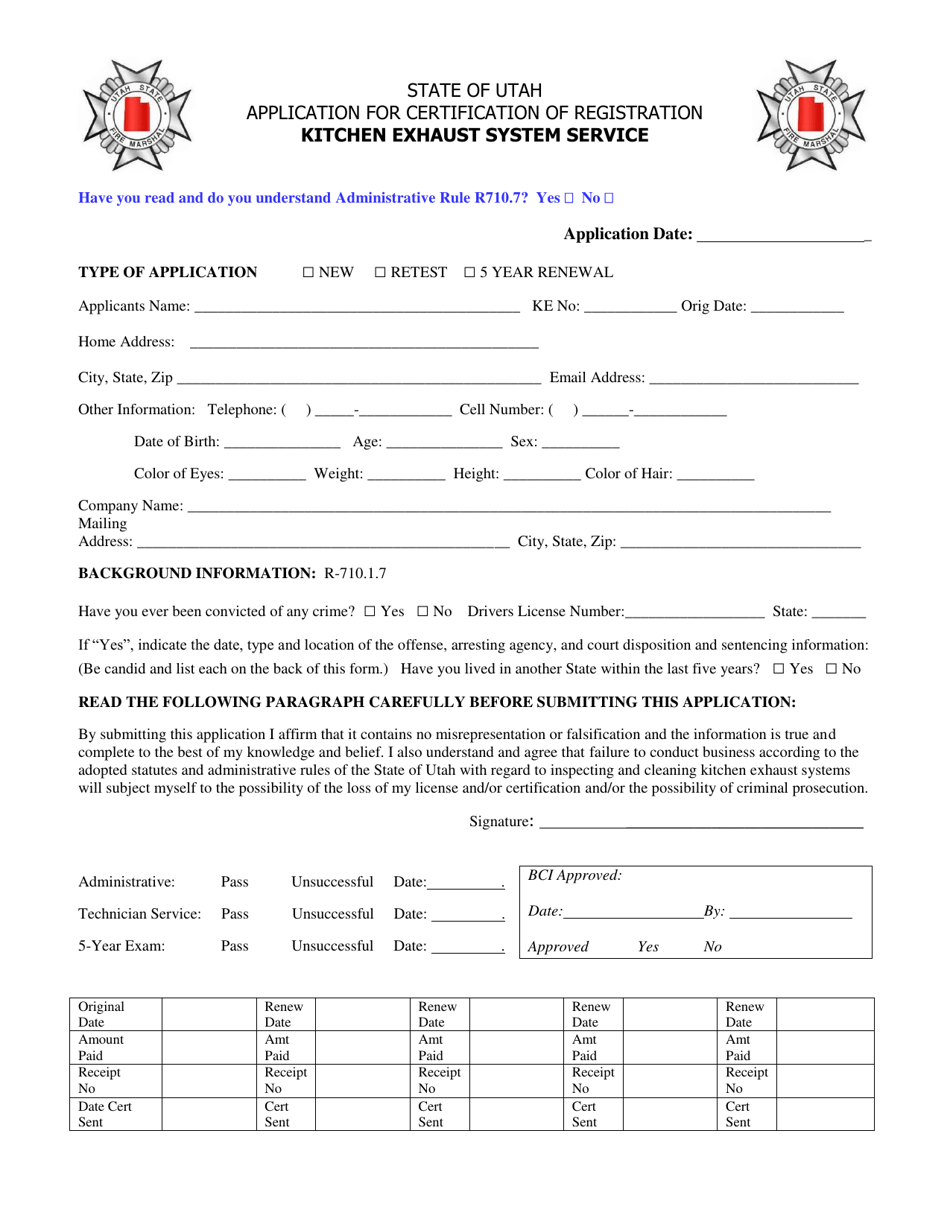 Application for Certification of Registration Kitchen Exhaust System Service - Utah, Page 1