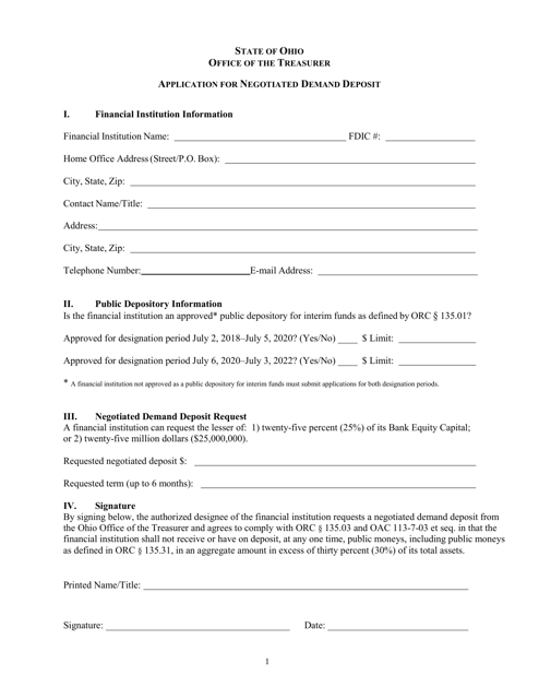 Application for Negotiated Demand Deposit - Ohio Download Pdf
