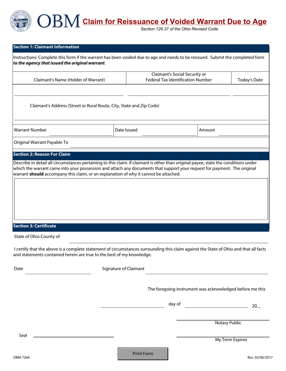 Form OBM-7264 Claim for Reissuance of Voided Warrant Due to Age - Ohio, Page 1