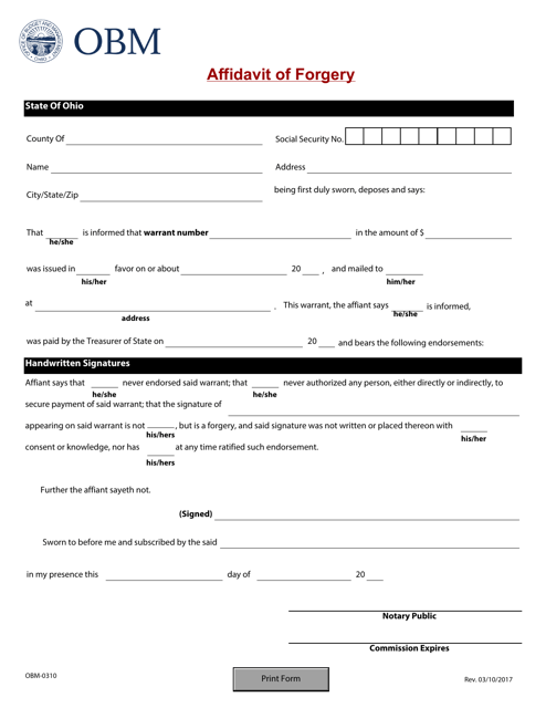 Form OBM-0310 Affidavit of Forgery - Ohio