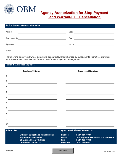 Form OBM-0217 Agency Authorization for Stop Payment and Warrant/Eft Cancellation - Ohio
