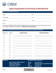 Document preview: Form OBM-0221 Agency Authorization for the Pickup of State Warrants - Ohio