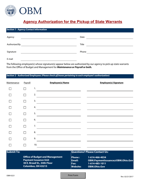 Form OBM-0221 Agency Authorization for the Pickup of State Warrants - Ohio
