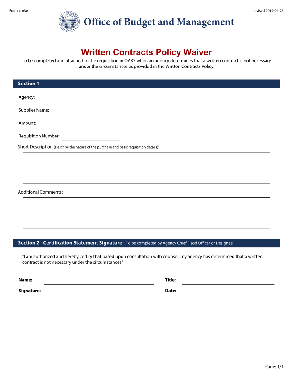 Form 0301 Written Contracts Policy Waiver - Ohio, Page 1