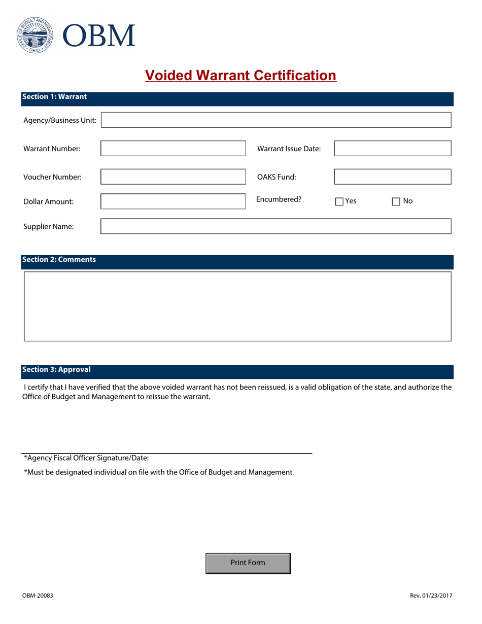 Form OBM-20083 Voided Warrant Certification - Ohio, Page 1