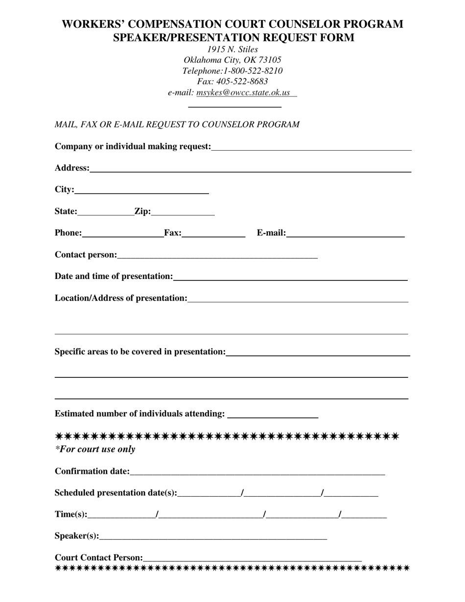 Workers Compensation Court Counselor Program Speaker / Presentation Request Form - Oklahoma, Page 1