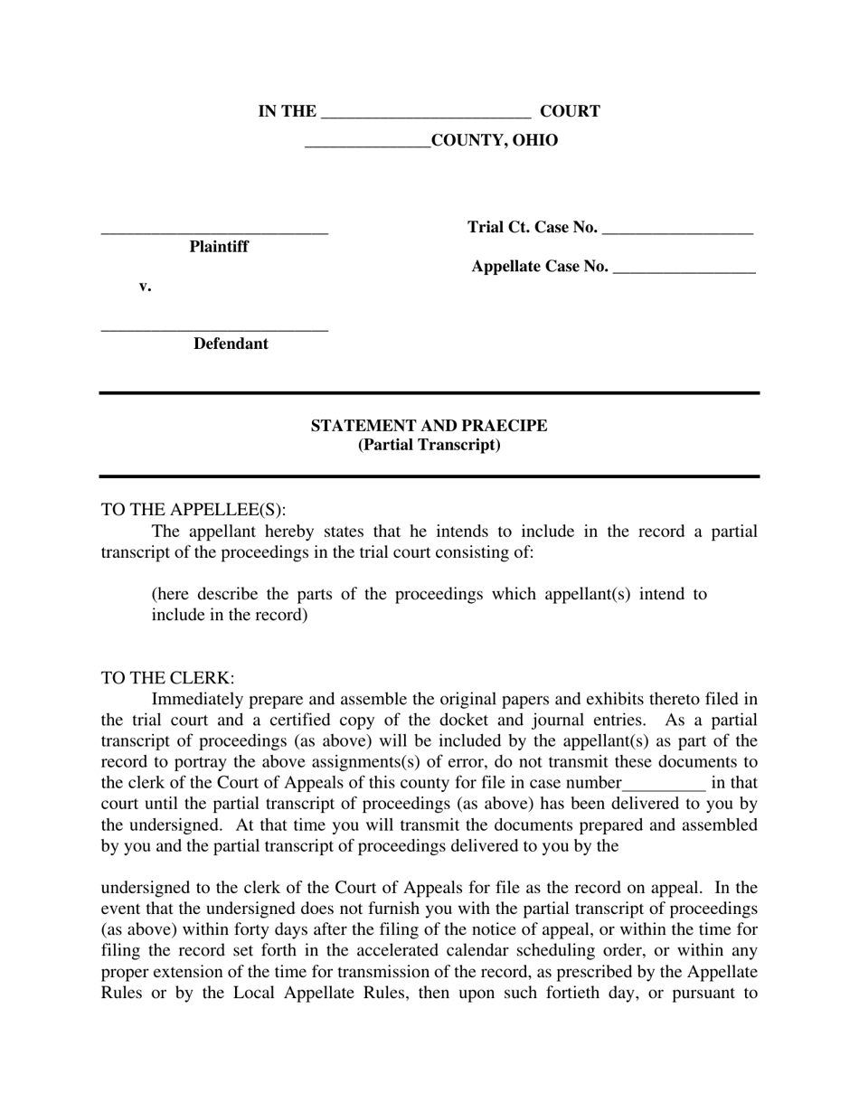 Statement and Praecipe (Partial Transcript) - Ohio, Page 1