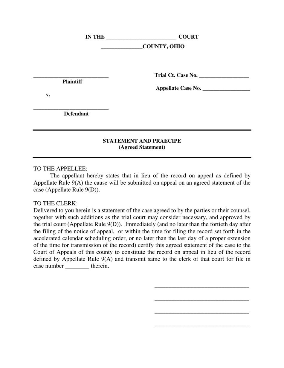 Statement and Praecipe (Agreed Statement) - Ohio, Page 1