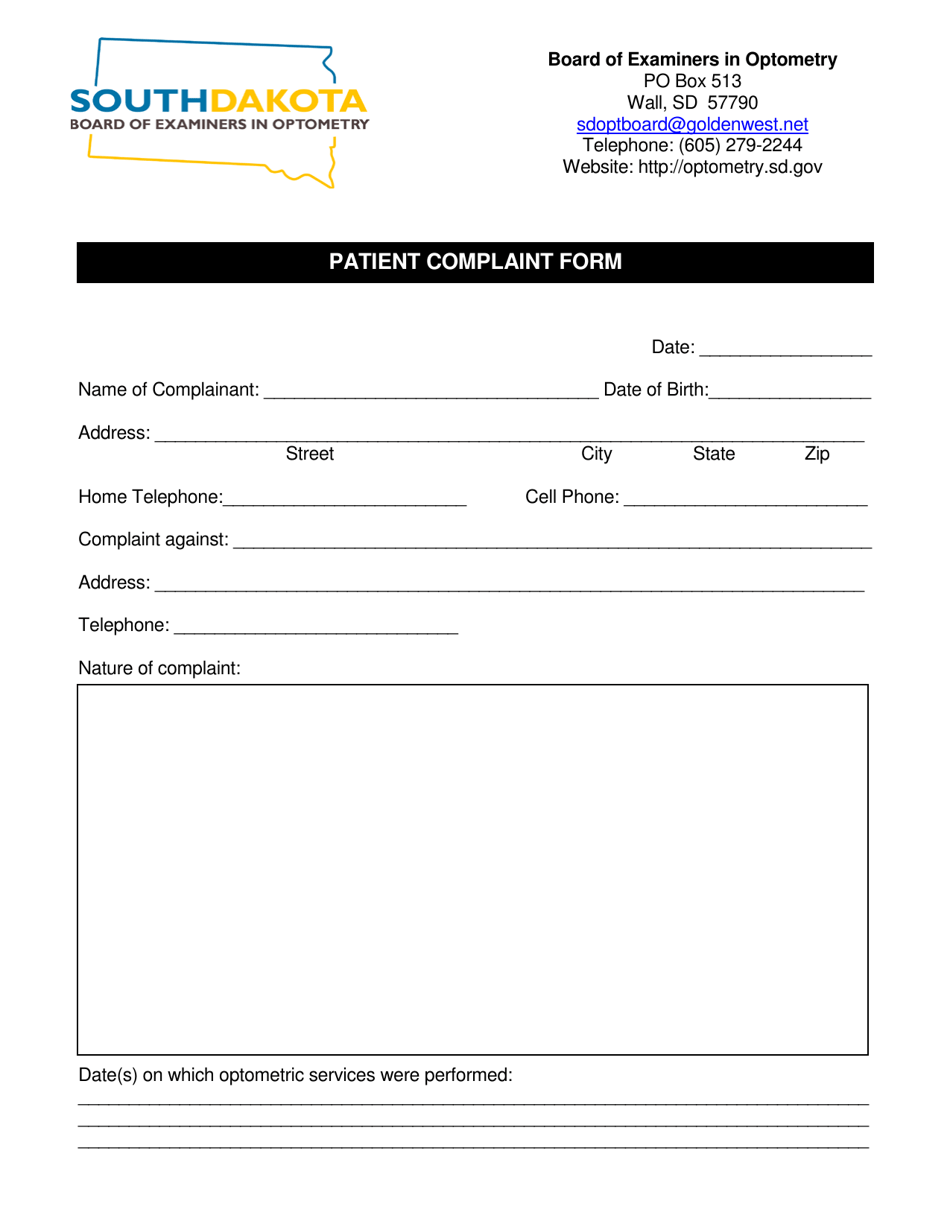 Patient Complaint Form - Board of Examiners in Optometry - South Dakota, Page 1