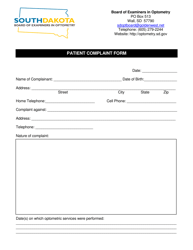 Document preview: Patient Complaint Form - Board of Examiners in Optometry - South Dakota