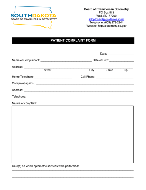 Patient Complaint Form - Board of Examiners in Optometry - South Dakota Download Pdf