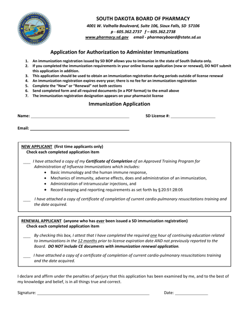 Application for Authorization to Administer Immunizations - South Dakota Download Pdf