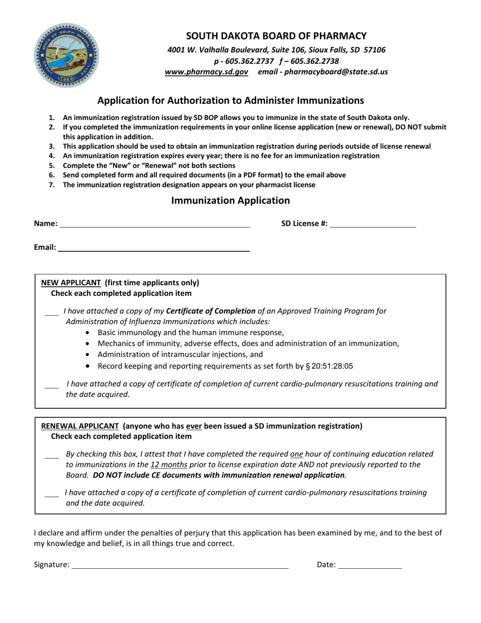 Application for Authorization to Administer Immunizations - South Dakota, Page 1