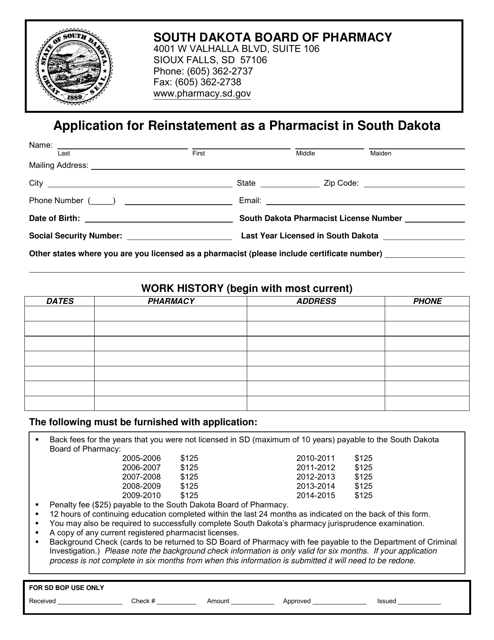 Application for Reinstatement as a Pharmacist in South Dakota - South Dakota Download Pdf