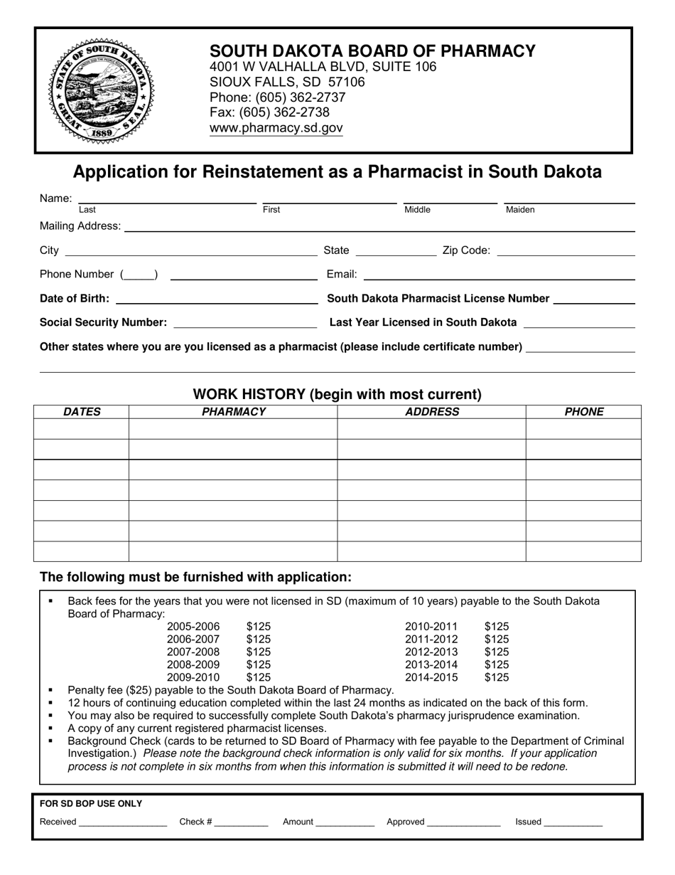 Application for Reinstatement as a Pharmacist in South Dakota - South Dakota, Page 1